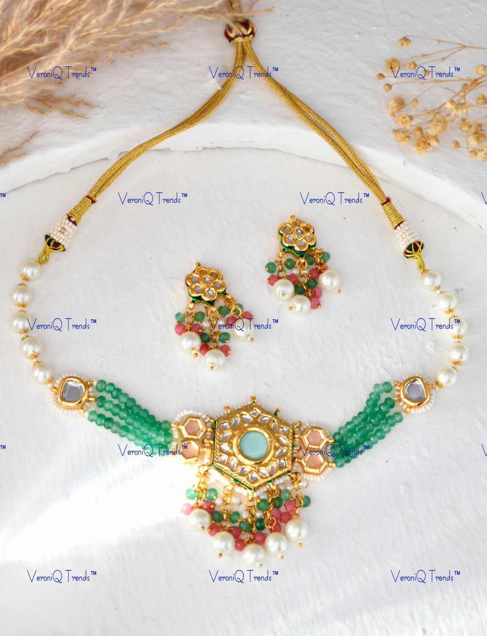 VeroniQ Trends-Traditional Green Gold Plated Multistrand Kundan And Meenakari Choker Necklace Kundan-Gold Platedry-South Indian-Thappa Jewellery