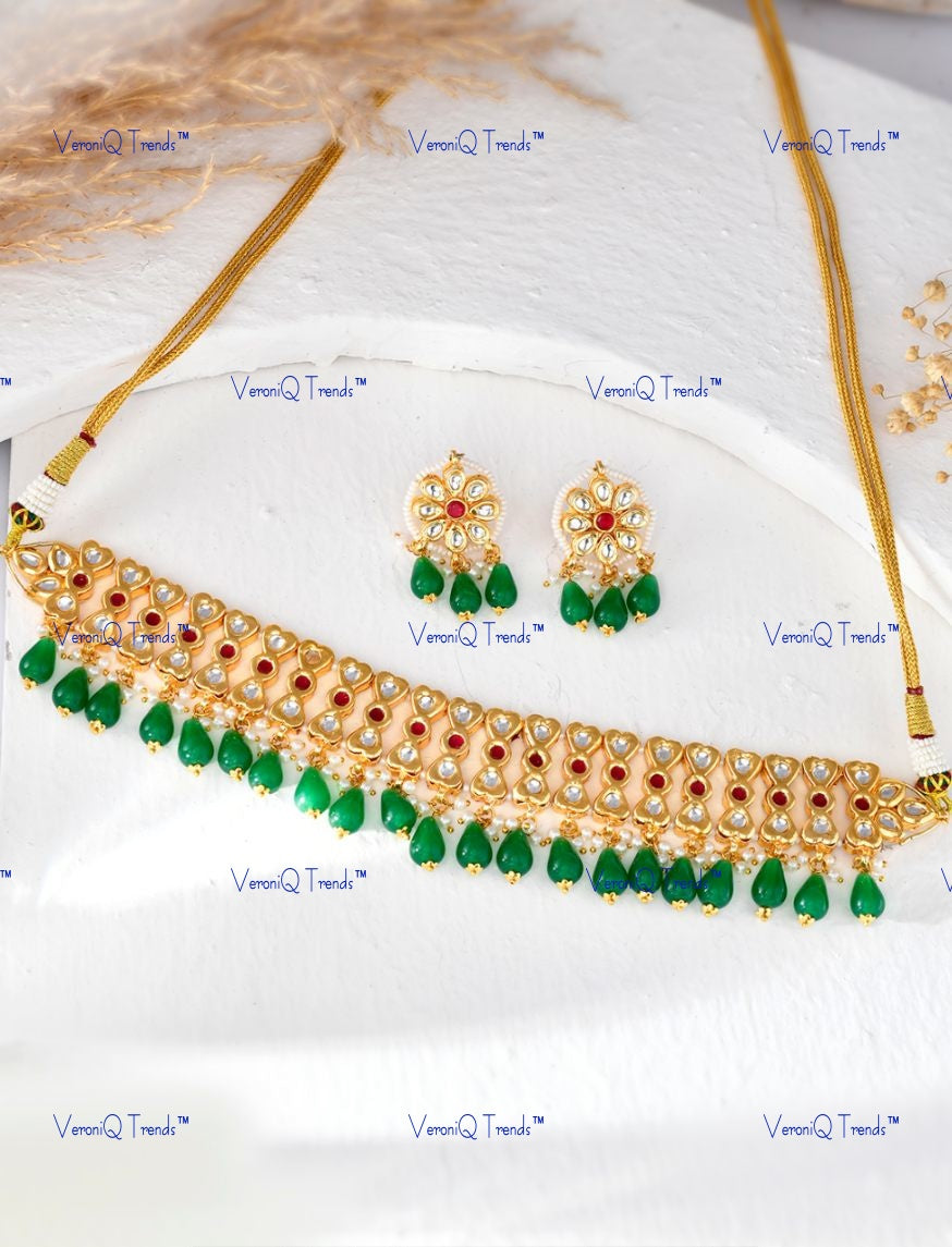 VeroniQ Trends-Beautiful Elegant Gold Plated Kundan And Meenakari Choker Necklace With Green Drop Kundan-Gold Plated-Wedding Jewellery-Punjabi Jewellery-South Indian-Thappa Jewellery