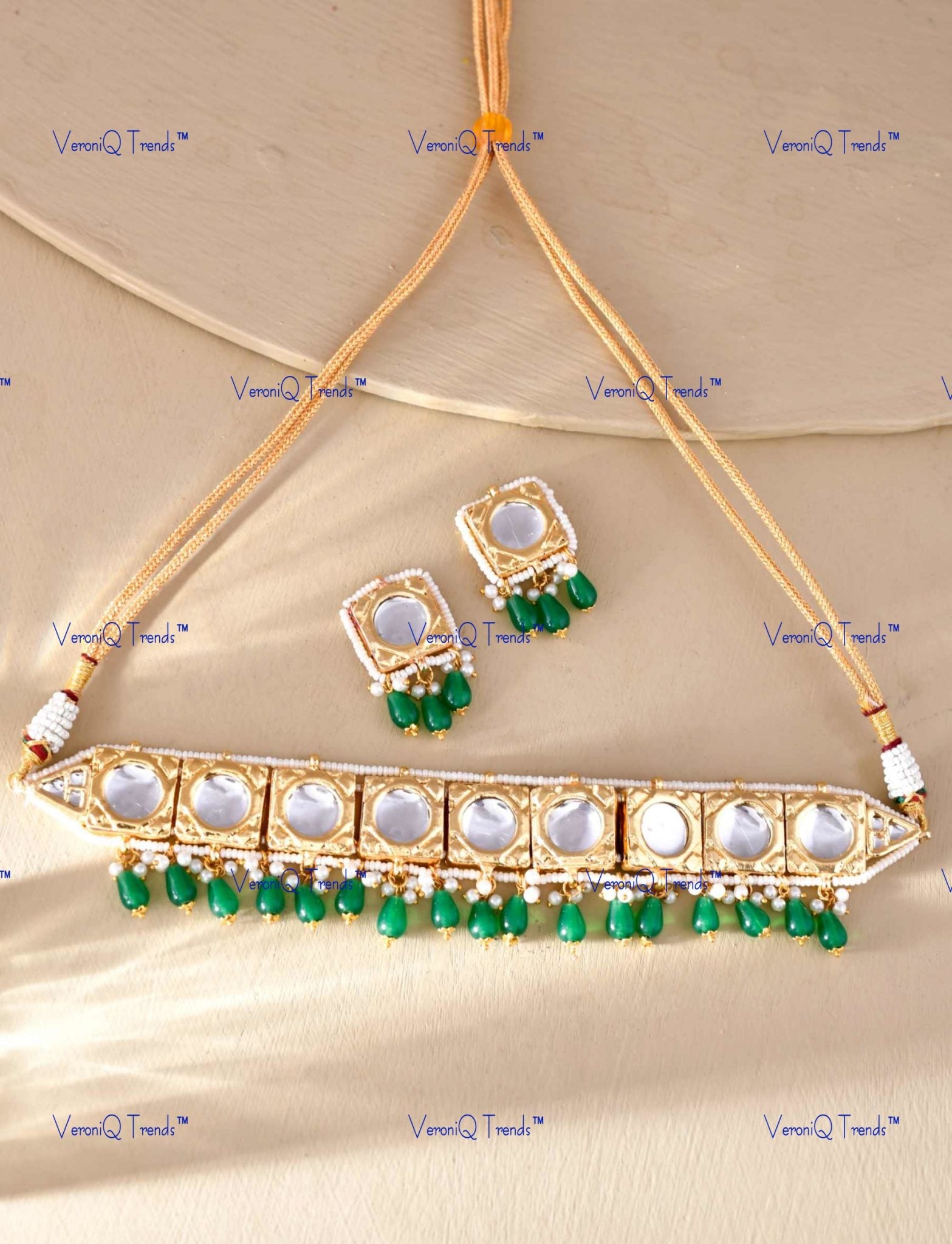 VeroniQ Trends-Beautiful Gold Plated Meenakari And Heavy Kundan Choker Necklace With Green Drop Kundan-Gold Plated-Wedding Jewellery-Punjabi Jewellery-South Indian-Thappa Jewellery