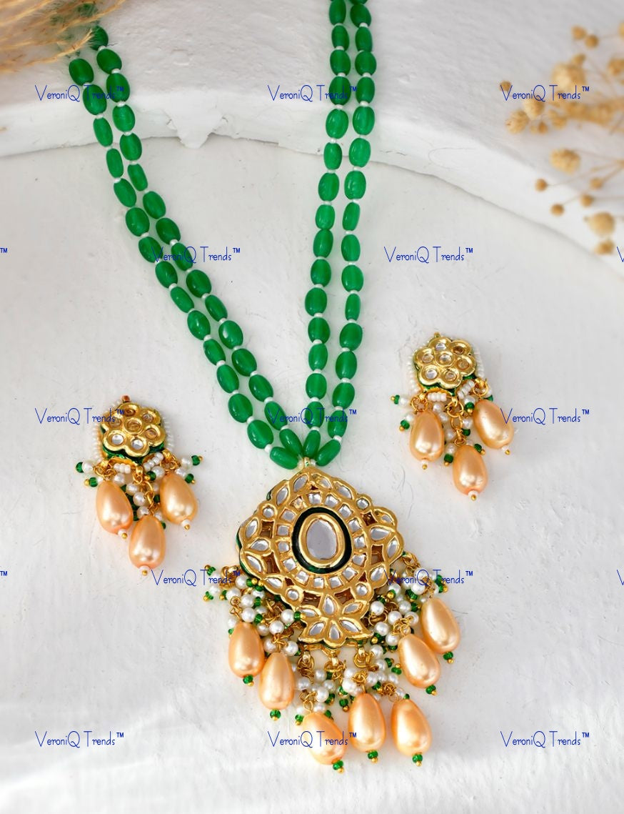 VeroniQ Trends-Beautiful Green Double Line Gold Plated Meenakari And Kundan Long Necklace Kundan-Gold Plated-Wedding Jewellery-Punjabi Jewellery-South Indian-Thappa Jewellery