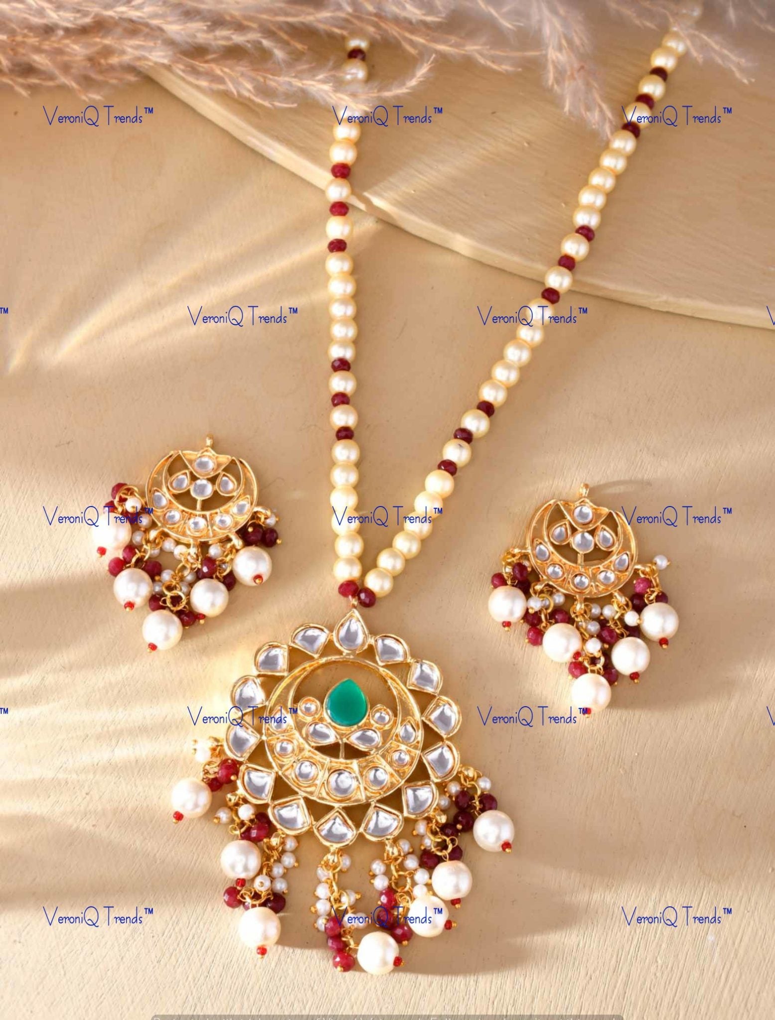 VeroniQ Trends-Beautiful Gold Plated Pearl Mala Meenakari And Kundan Chandbali Pendant Necklace Kundan-Gold Plated-Wedding Jewellery-Punjabi Jewellery-South Indian-Thappa Jewellery