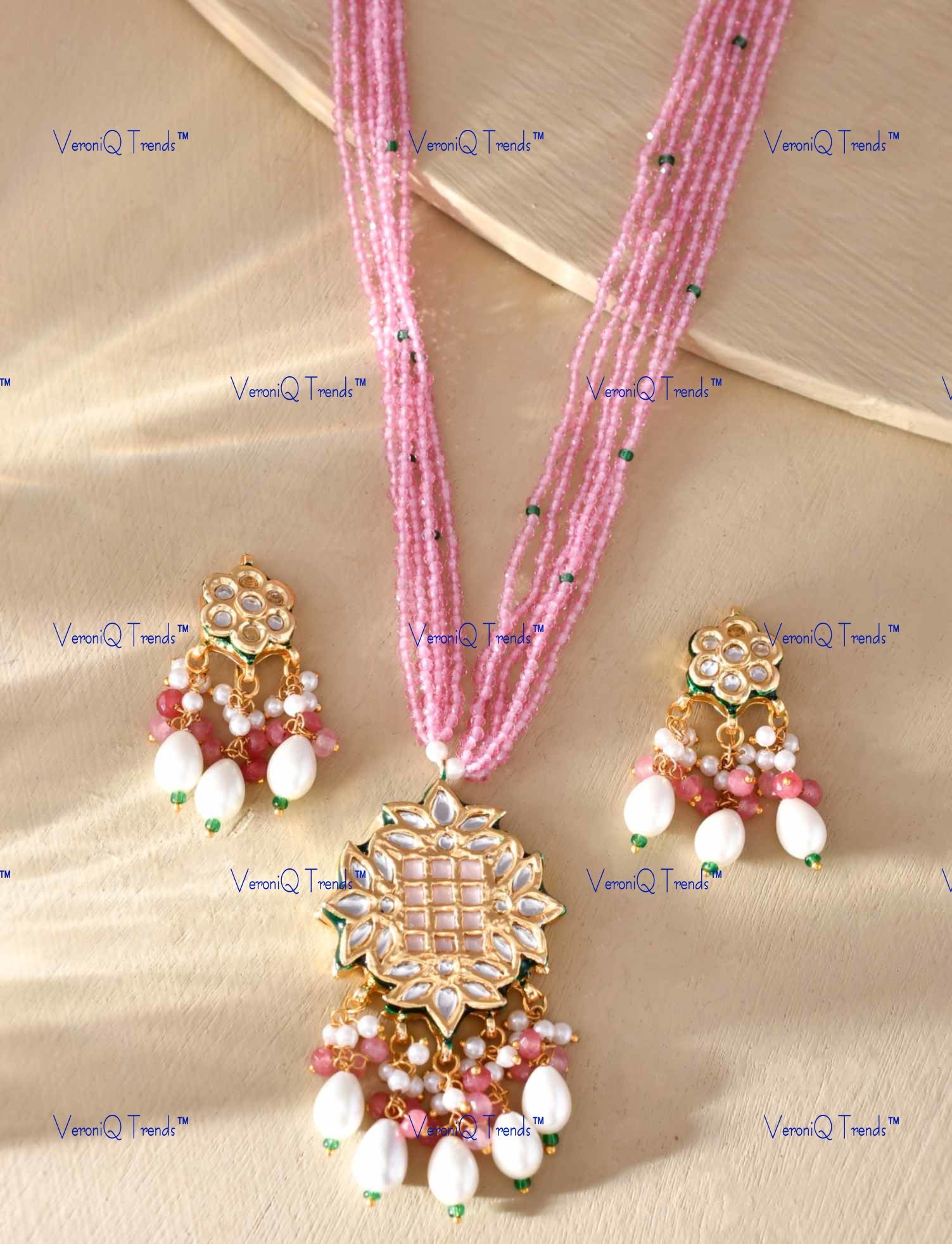 VeroniQ Trends-Beautiful Gold Plated Multistrand Purple Pearl Mala Meenakari And Kundan Pendant Necklace Kundan-Gold Plated-Wedding Jewellery-Punjabi Jewellery-South Indian-Thappa Jewellery