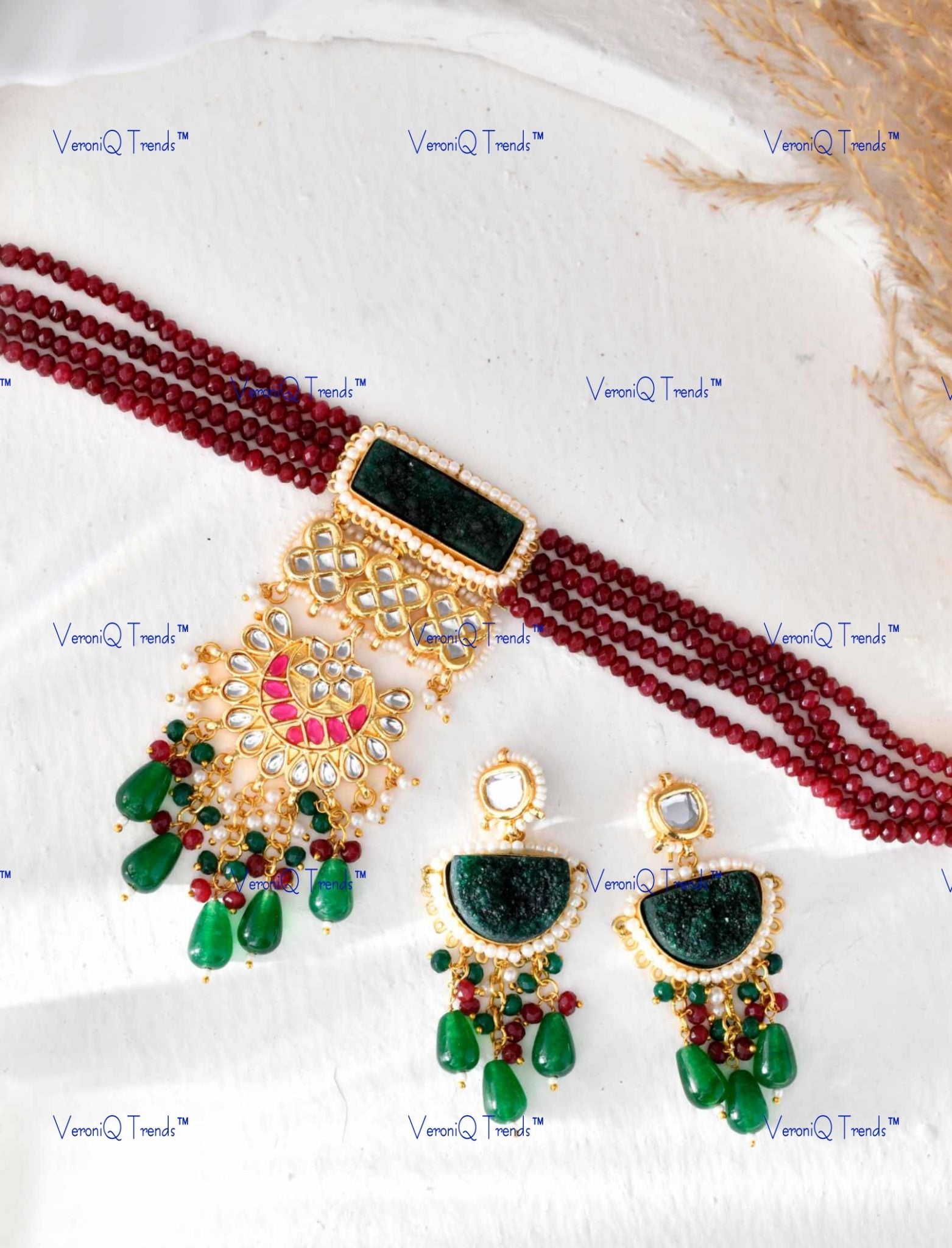 VeroniQ Trends-Beautiful Gold Plated Multistrand Meenakari And Kundan Choker Necklace Kundan-Gold Plated-Wedding Jewellery-Punjabi Jewellery-South Indian-Thappa Jewellery