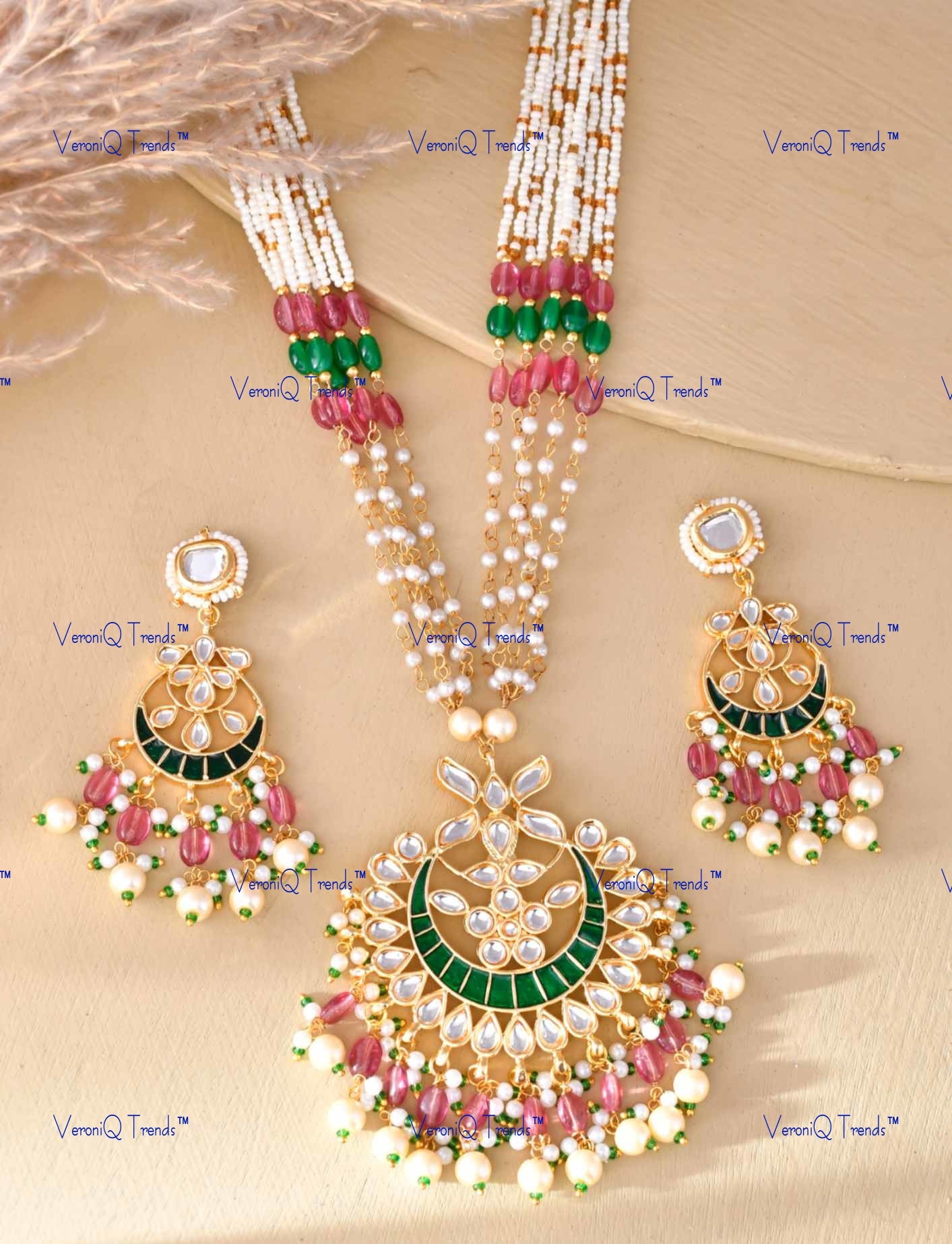 VeroniQ Trends-Elegant South Indian Gold Plated Multistrand Meenakari And Kundan Rani Haar Long Necklace Kundan-Gold Plated-Wedding Jewellery-Punjabi Jewellery-South Indian-Thappa Jewellery