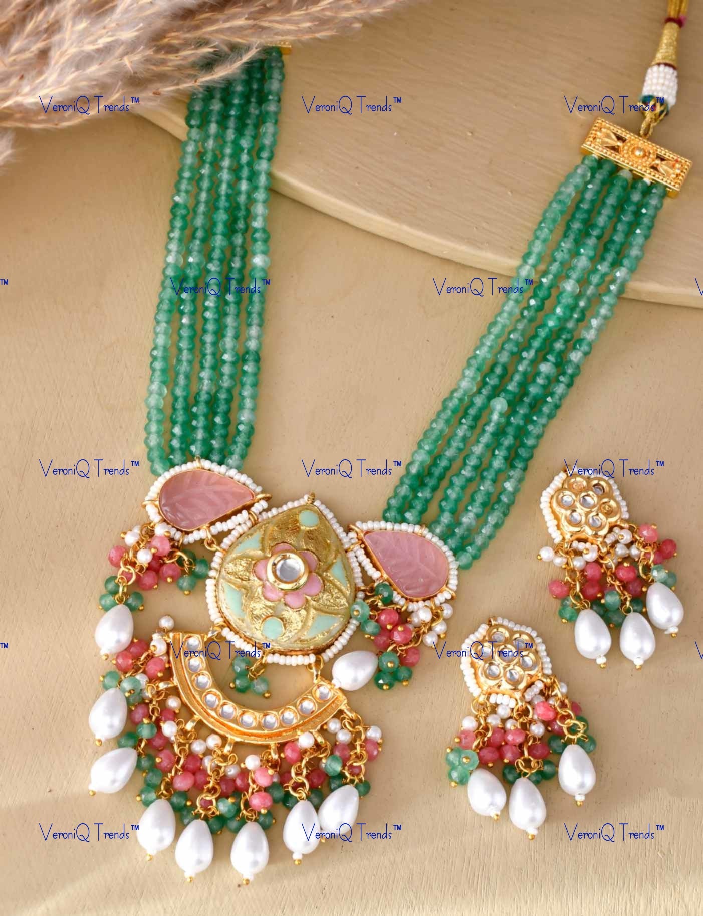 VeroniQ Trends-Beautiful South Indian Gold Plated Multistrand Meenakari And Kundan Long Necklace Kundan-Gold Plated-Wedding Jewellery-Punjabi Jewellery-South Indian-Thappa Jewellery