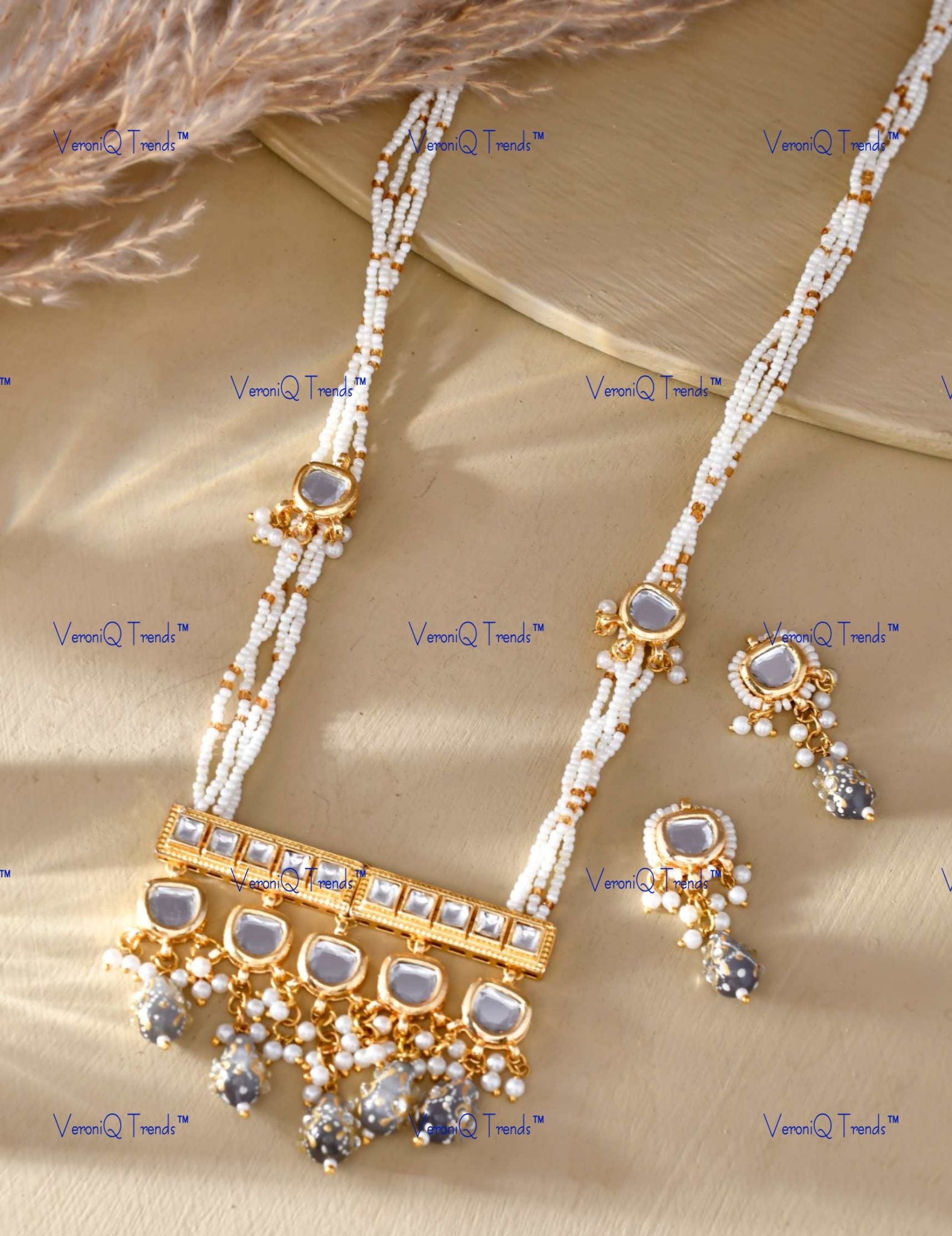 VeroniQ Trends-Traditional South Indian Gold Plated Multistrand Grey Meenakari Beads And Heavy Kundan Long Necklace Kundan-Gold Plated-Wedding Jewellery-Punjabi Jewellery-South Indian-Thappa Jewellery