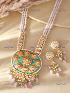 VeroniQ Trends-Traditional South Indian Gold Plated Multistrand Green Meenakari And Kundan Long Necklace With Round Pendant Kundan-Gold Plated-Wedding Jewelry-Punjabi Jewelry-South Indian-Thappa Jewelry