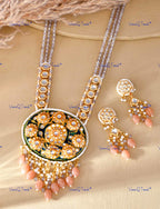 VeroniQ Trends-Traditional South Indian Gold Plated Multistrand Green Meenakari And Kundan Long Necklace With Round Pendant Kundan-Gold Plated-Wedding Jewelry-Punjabi Jewelry-South Indian-Thappa Jewelry