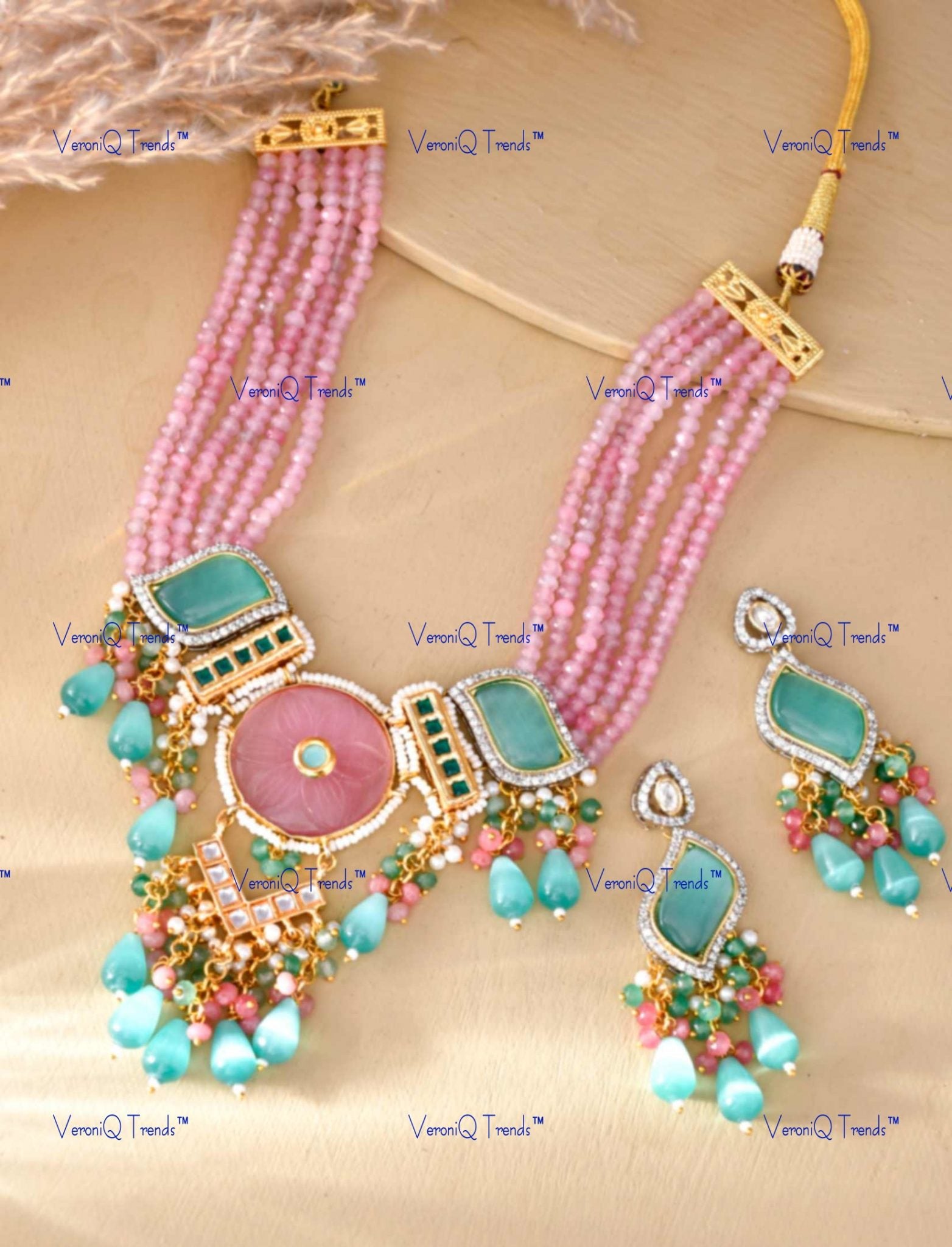 VeroniQ Trends-Beautiful Purple Gold Plated Multistrand Meenakari And Kundan Necklace Kundan-Gold Plated-Wedding Jewellery-Punjabi Jewellery-South Indian-Thappa Jewellery