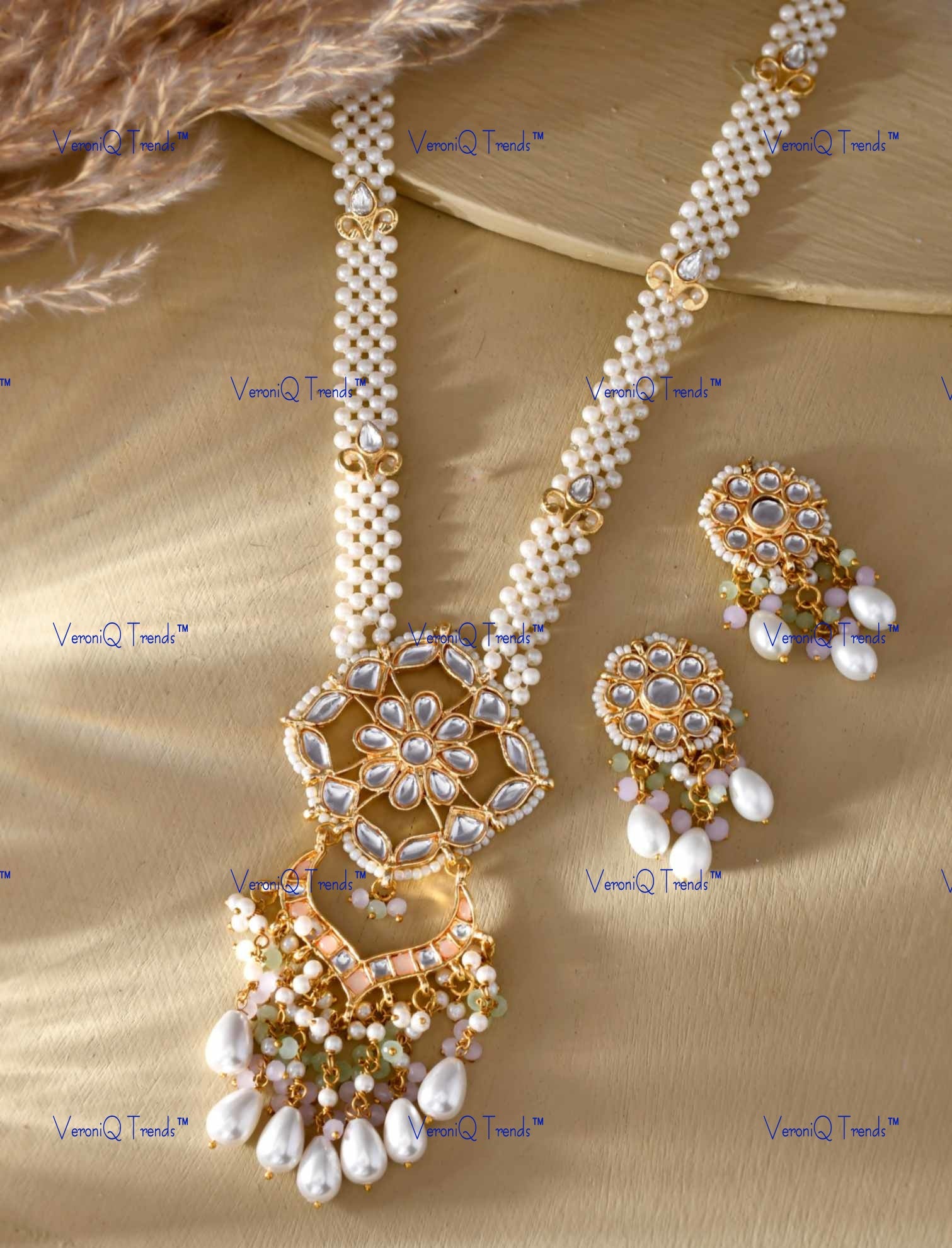 VeroniQ Trends-Beautiful White Pearl Meenakari And Kundan Long Necklace Kundan-Gold Plated-Wedding Jewellery-Punjabi Jewellery-South Indian-Thappa Jewellery