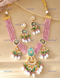 VeroniQ Trends-Beautiful Layered Pink Beads Meenakari And Mint Green Kundan Necklace Kundan-Gold Plated-Wedding Jewellery-Punjabi Jewellery-South Indian-Thappa Jewellery