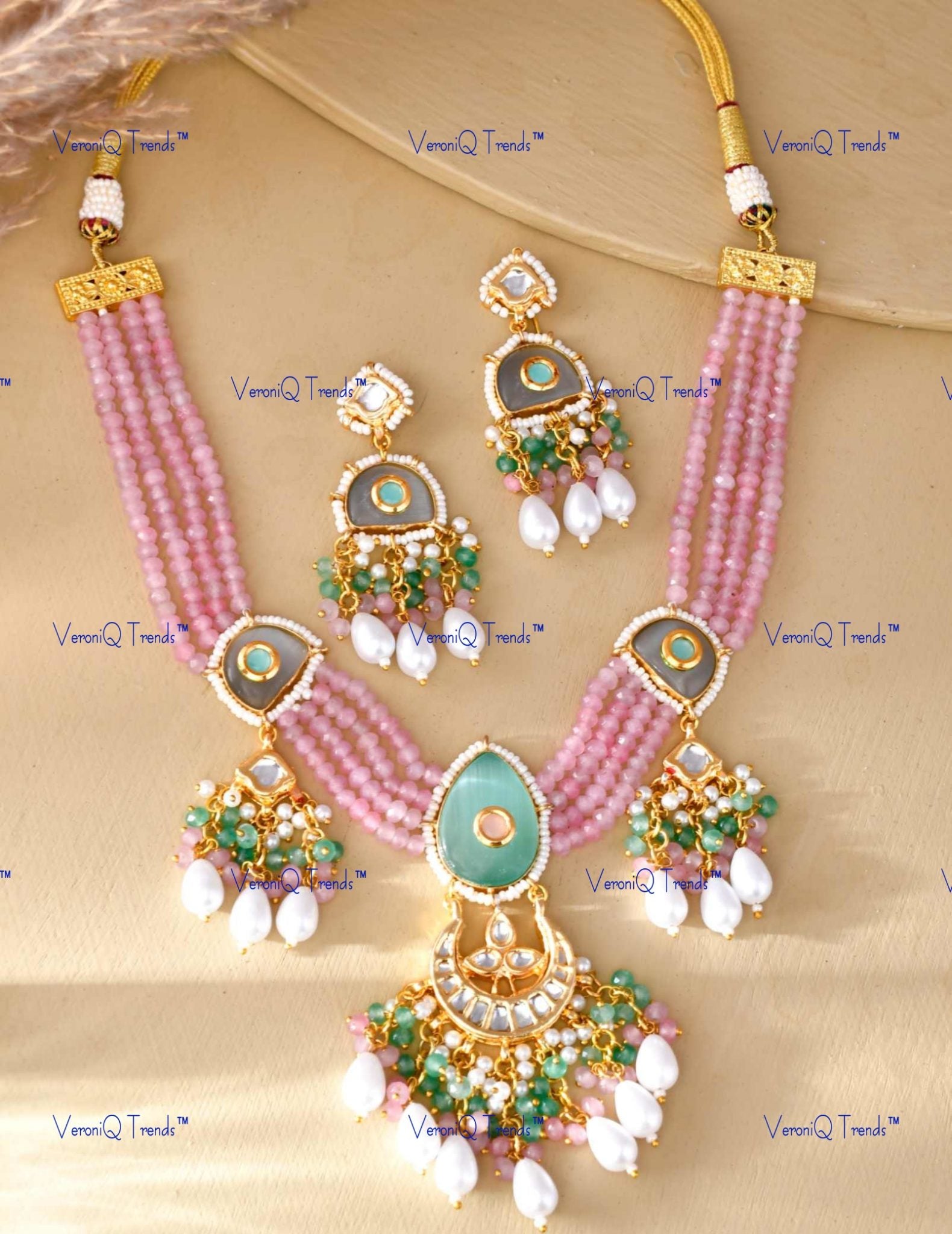 VeroniQ Trends-Beautiful Layered Pink Beads Meenakari And Mint Green Kundan Necklace Kundan-Gold Plated-Wedding Jewellery-Punjabi Jewellery-South Indian-Thappa Jewellery