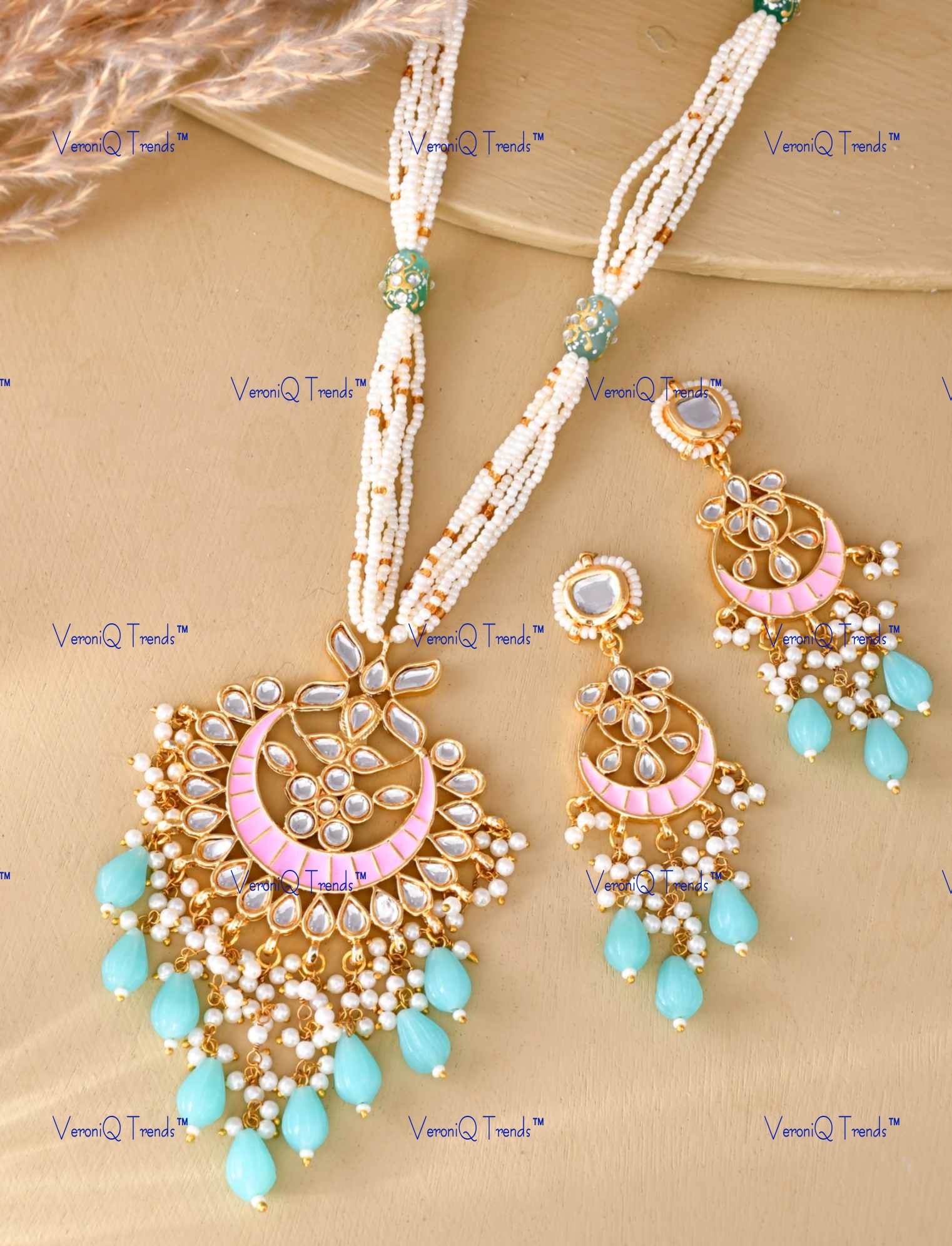 VeroniQ Trends-Gold Plated Pearl And Kundan Meenakari Chandbali Pendant Necklace Kundan-Gold Plated-Wedding Jewellery-Punjabi Jewellery-South Indian-Thappa Jewellery