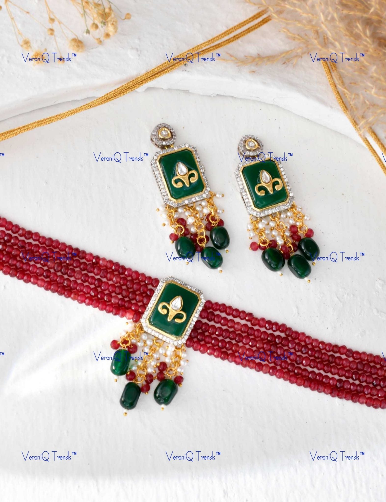 VeroniQ Trends-Beautiful Gold Plated Multistrand Red-Green Kundan And Meenakari Choker Necklace Kundan-Gold Plated-Wedding Jewellery-Punjabi Jewellery-South Indian-Thappa Jewellery
