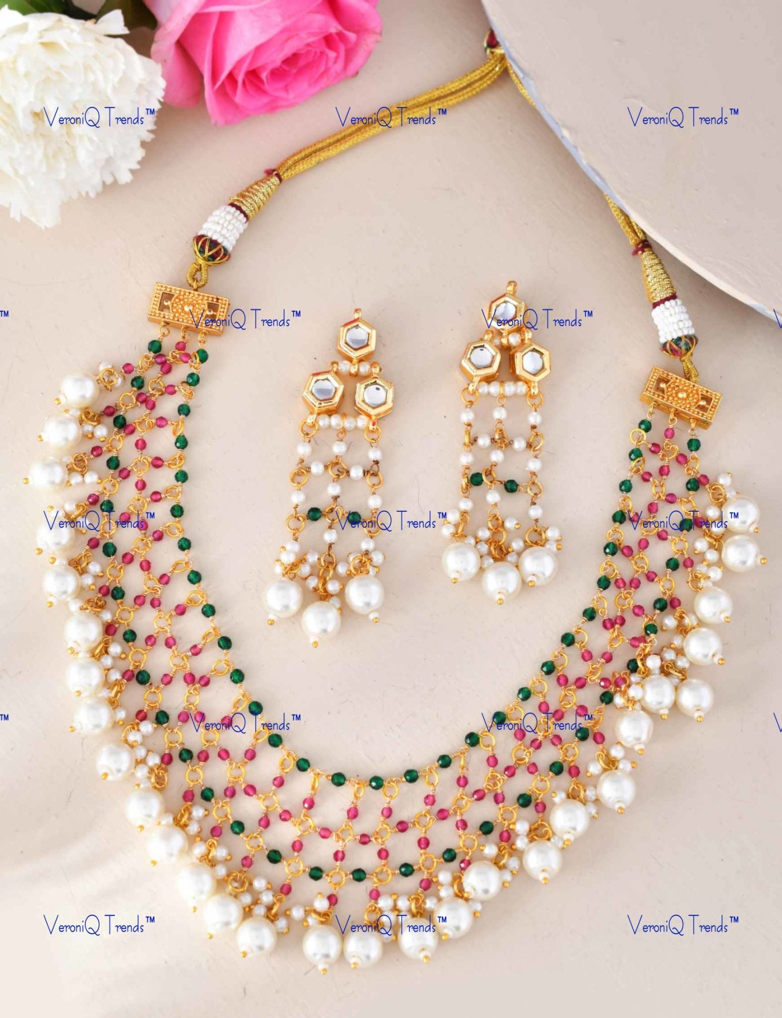 VeroniQ Trends-Beautiful Layered Beaded Heavy Kundan And Meenakari Necklace Kundan-Gold Plated-Wedding Jewellery-Punjabi Jewellery-South Indian-Thappa Jewellery