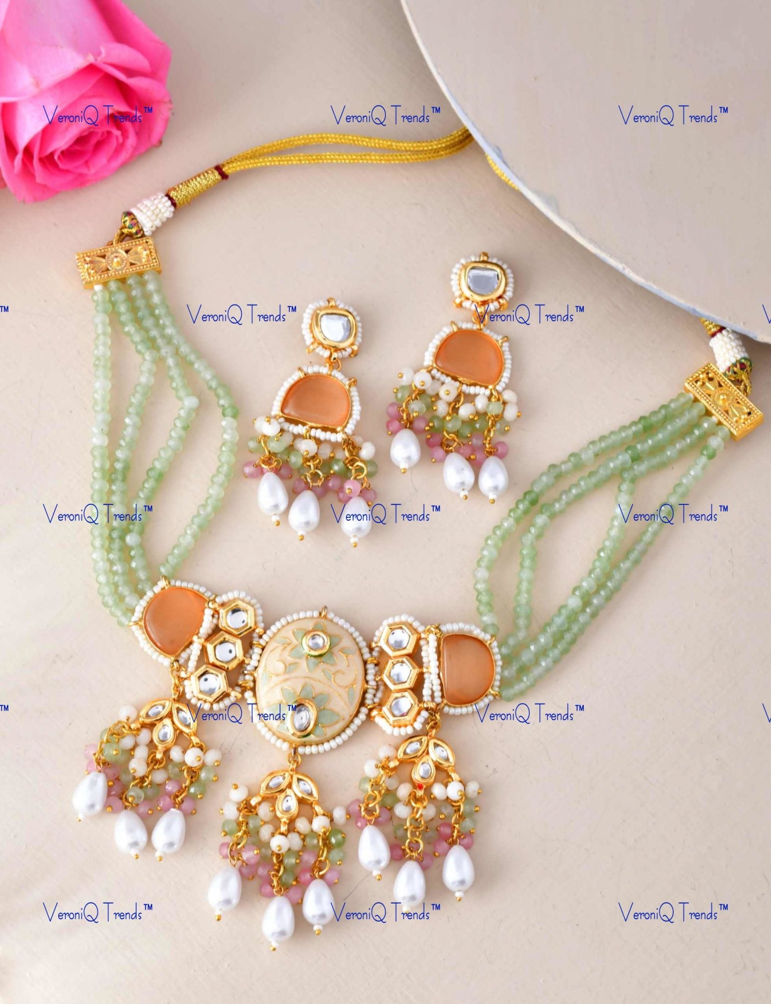 VeroniQ Trends-Traditional Multistrand Meenakari And Heavy Kundan Choker Necklace With Pearl Drop Kundan-Gold Plated-Wedding Jewellery-Punjabi Jewellery-South Indian-Thappa Jewellery
