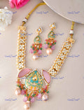 VeroniQ Trends-Traditional Meenakari And Heavy Pink Kundan Rani Haar Style Necklace With Pearl Drop Kundan-Gold Plated-Wedding Jewellery-Punjabi Jewellery-South Indian-Thappa Jewellery