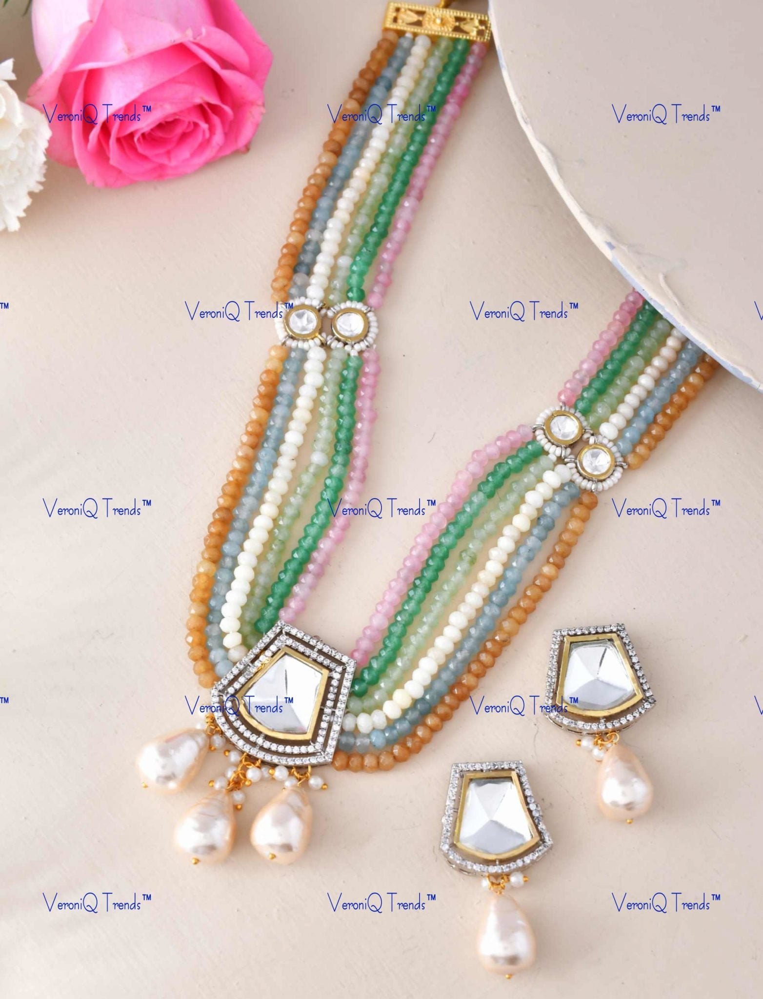 VeroniQ Trends-Beautiful Multicolor Layered Pearl Meenakari And Kundan Long Necklace Kundan-Gold Plated-Wedding Jewellery-Punjabi Jewellery-South Indian-Thappa Jewellery