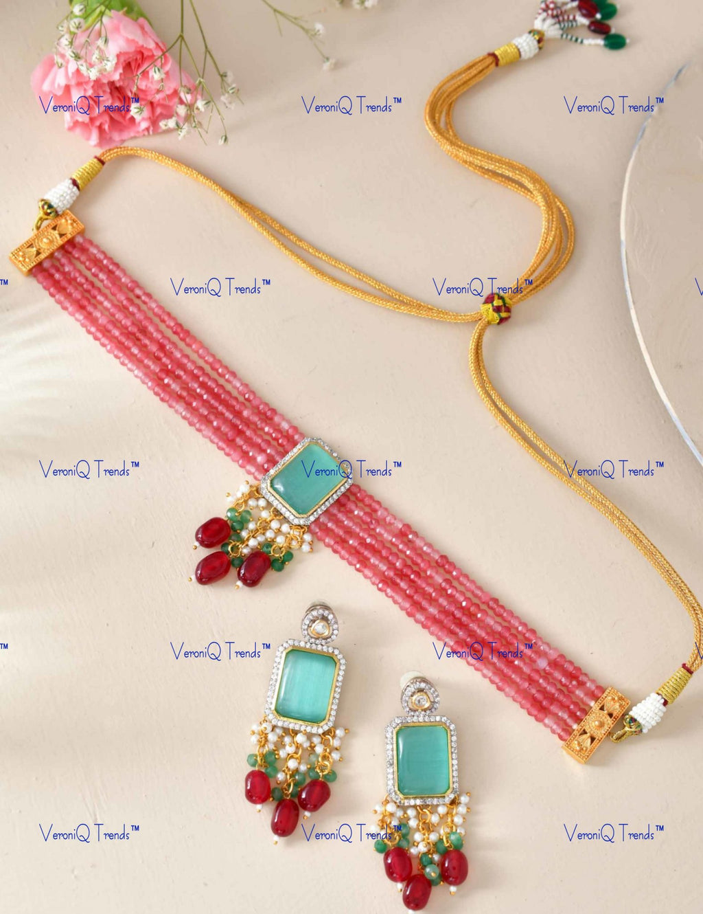 VeroniQ Trends-Elegant Choker Layered Meenakari And Kundan Necklace Kundan-Gold Plated-Wedding Jewellery-Punjabi Jewellery-South Indian-Thappa Jewellery