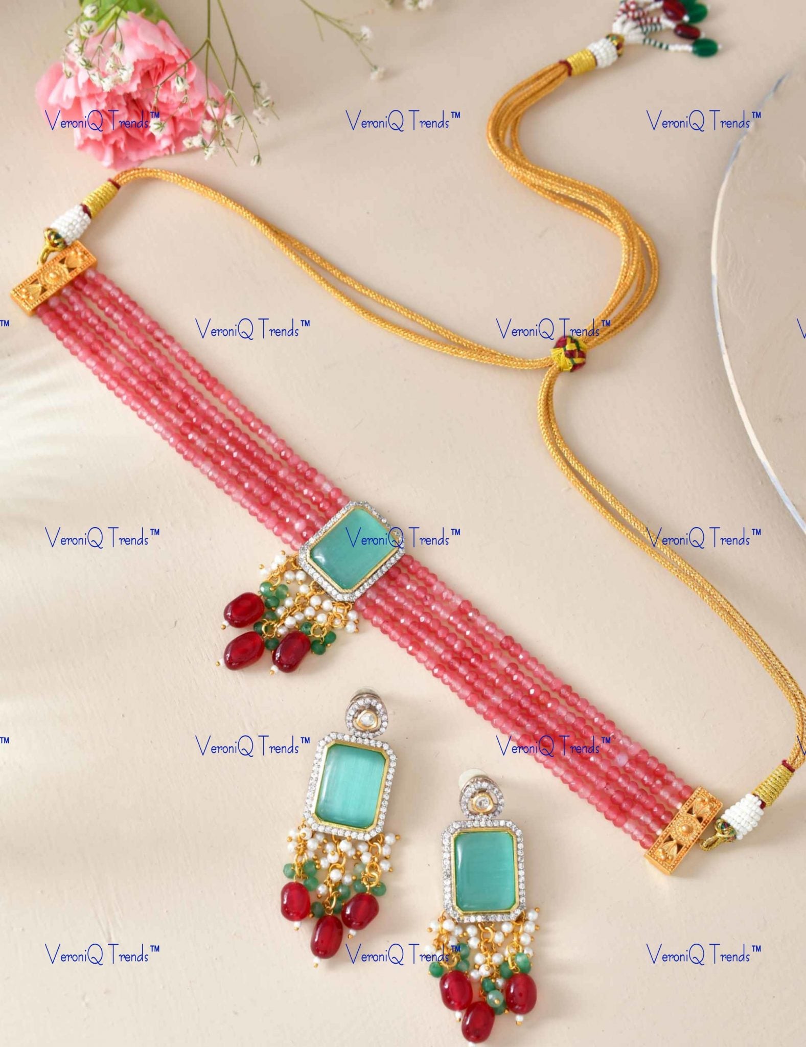 VeroniQ Trends-Elegant Choker Layered Meenakari And Kundan Necklace Kundan-Gold Plated-Wedding Jewellery-Punjabi Jewellery-South Indian-Thappa Jewellery
