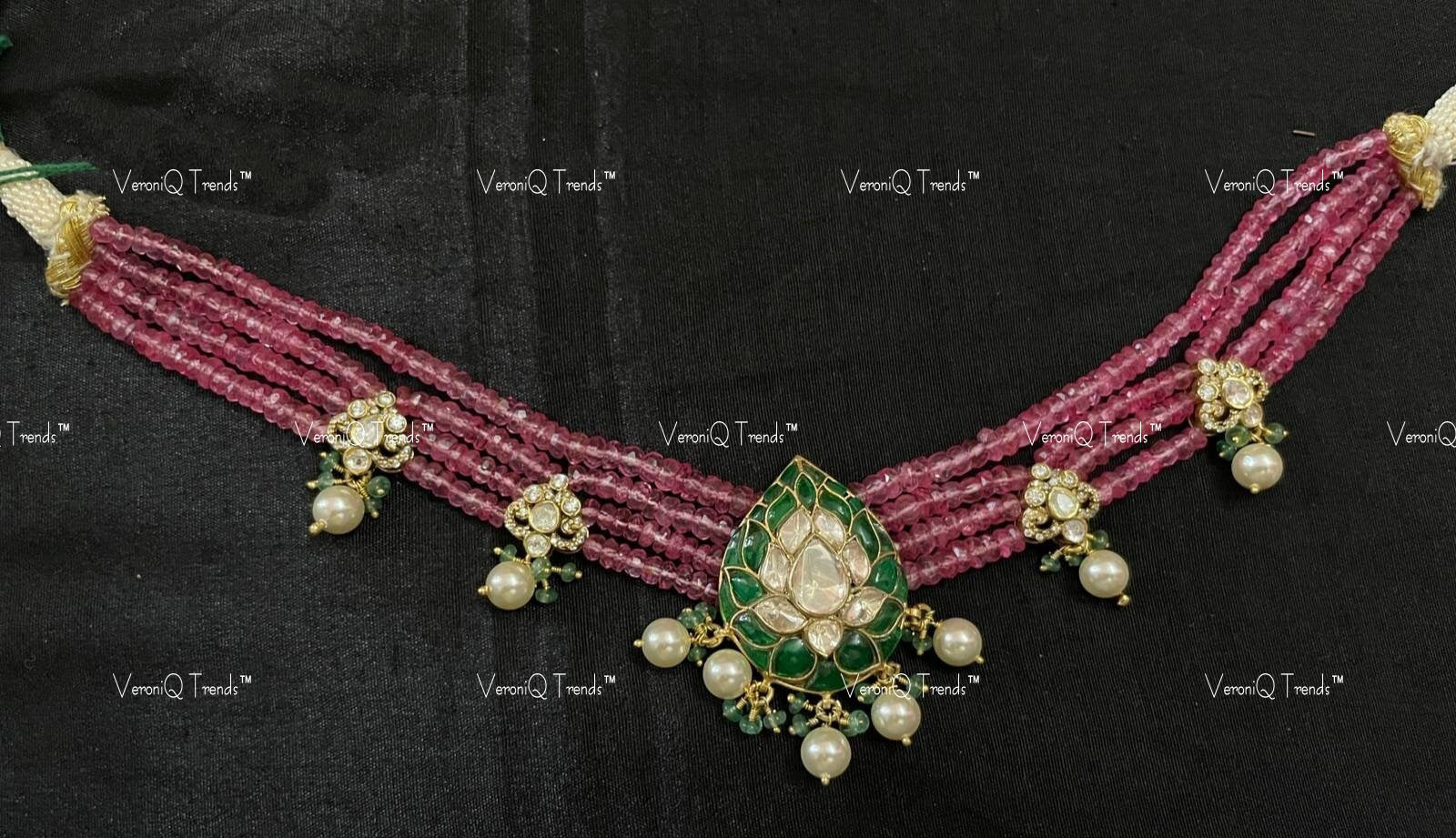VeroniQ Trends-Traditional Victorian Multistrand Ruby Pink Beaded Emerald And Polki Silver Choker Necklace 92.5 Silver Moissanite Diamond Polki-Emerald Stone-Gold Plated-Wedding Jewellery-Punjabi Jewellery-South Indian-Thappa Jewellery