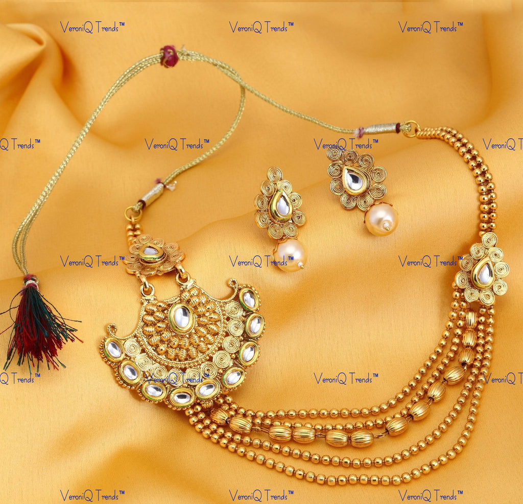 VeroniQ Trends-Traditional 5 String Gold Plated Kundan Necklace Set Kundan-Gold Plated-Wedding Jewellery-Punjabi Jewellery-South Indian-Thappa Jewellery