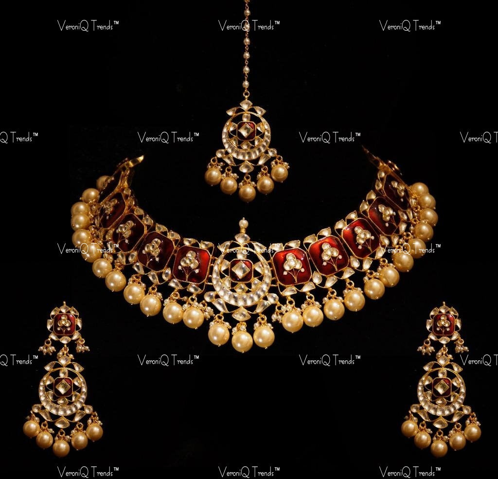 VeroniQ Trends-Traditional Gold Plated Red Meenakari Kundan Choker Necklace Kundan Polki-Gold Plated-Wedding Jewellery-Punjabi Jewellery-South Indian-Thappa Jewellery
