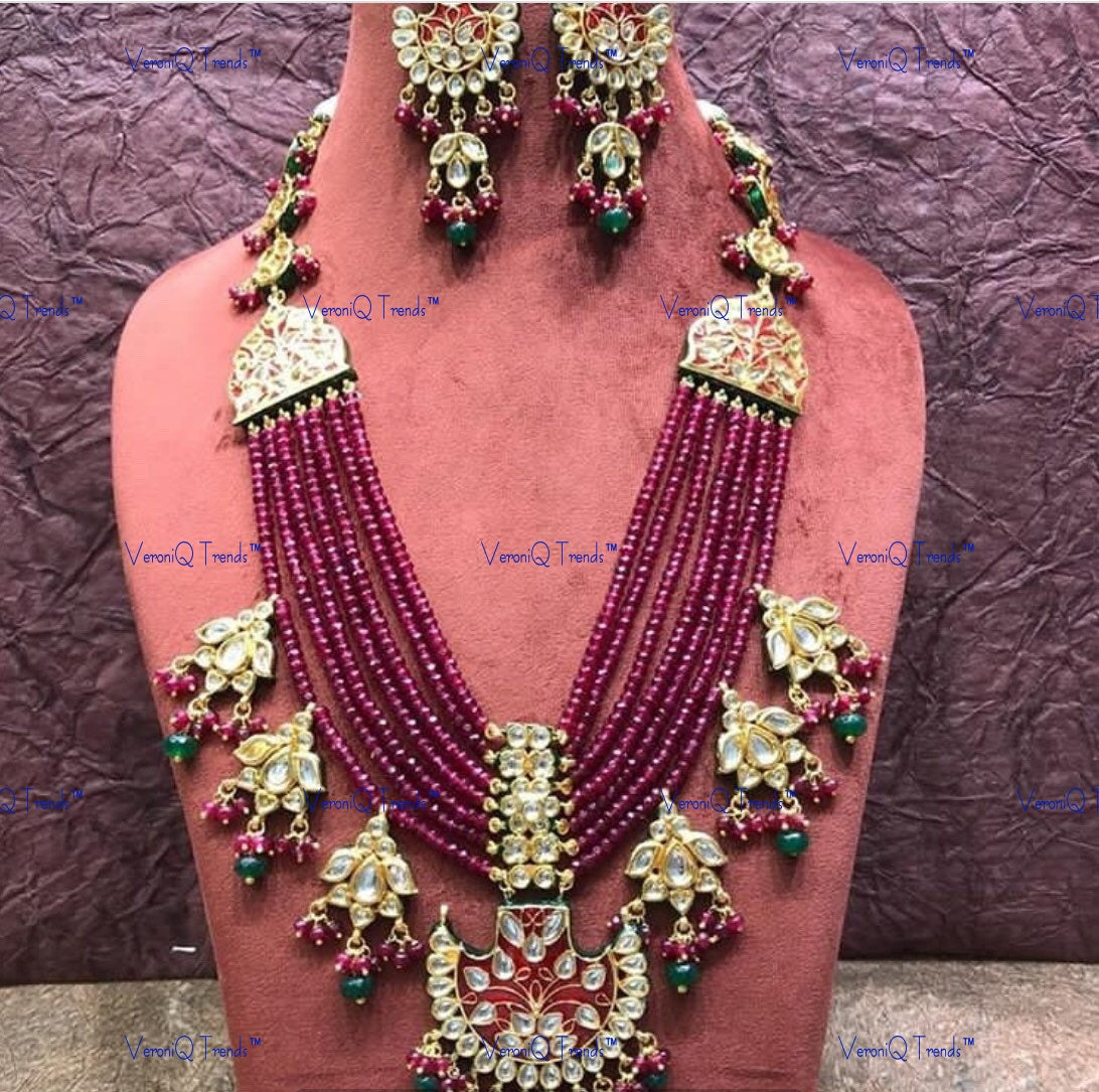 VeroniQ Trends-Traditional Gold Plated Multistrand Ruby Pink Beads Meenakari Kundan Polki Rani Haar Necklace Kundan-Gold Plated-Wedding Jewellery-Punjabi Jewellery-South Indian-Thappa Jewellery