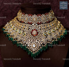 VeroniQ Trends-South Indian Bridal Necklace And Earrings in 92.5 Silver Moissanite Diamond Polki With Emerald Beads-Wedding Jewelry-Cocktail Party-South Indian-Thappa-GP
