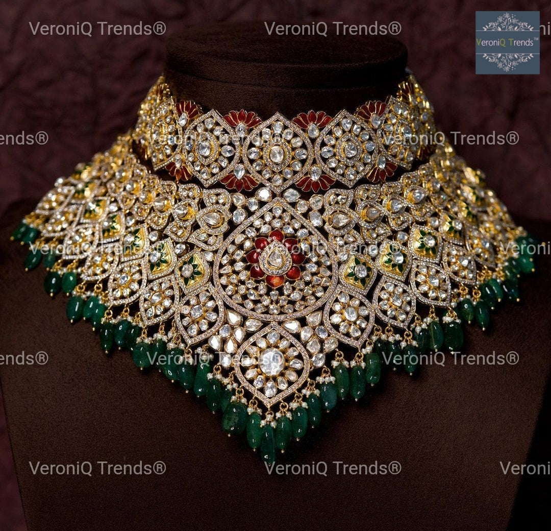 VeroniQ Trends-South Indian Bridal Necklace And Earrings in 92.5 Silver Moissanite Diamond Polki With Emerald Beads-Wedding Jewellery-Cocktail Party-South Indian-Thappa-GP