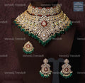 VeroniQ Trends-South Indian Bridal Necklace And Earrings in 92.5 Silver Moissanite Diamond Polki With Emerald Beads-Wedding Jewellery-Cocktail Party-South Indian-Thappa-GP