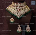 VeroniQ Trends-South Indian Bridal Necklace And Earrings in 92.5 Silver Moissanite Diamond Polki With Emerald Beads-Wedding Jewelry-Cocktail Party-South Indian-Thappa-GP