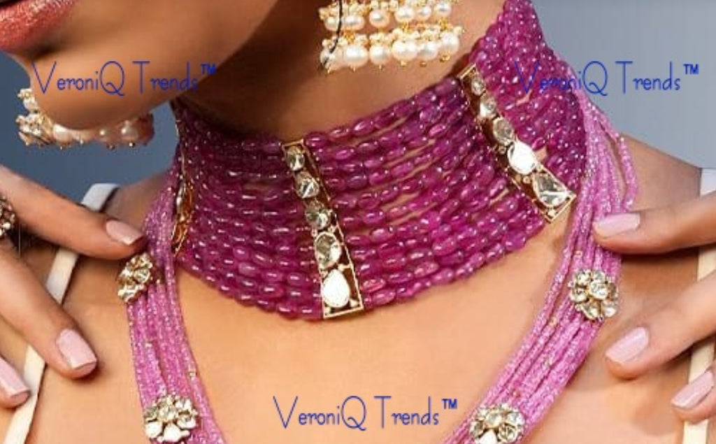 VeroniQ Trends-Multistrand Blue And Pink Beaded Kundan Choker Necklace And Round Studs Kundan-Gold Plated-Wedding Jewellery-Punjabi Jewellery-South Indian-Thappa Jewellery