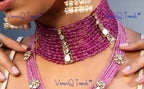 VeroniQ Trends-Multistrand Blue And Pink Beaded Kundan Choker Necklace And Round Studs Kundan-Gold Plated-Wedding Jewelry-Punjabi Jewelry-South Indian-Thappa Jewelry