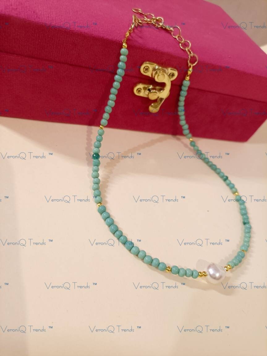 VeroniQ Trends-Gold Plated Shell Barbeque Pearl Turquoise Blue Beads Kundan Necklace Kundan-Gold Plated-Wedding Jewellery-Punjabi Jewellery-South Indian-Thappa Jewellery