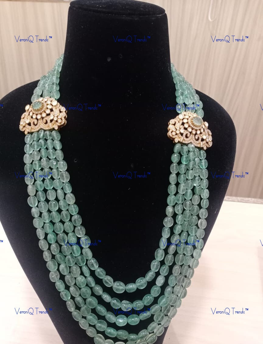 VeroniQ Trends-Victorian Multistrand Green Beads Emerald And Polki Silver Long Necklace 92.5 Silver Moissanite Diamond Polki-Emerald Stone-Gold Plated-Wedding Jewellery-Punjabi Jewellery-South Indian-Thappa Jewellery