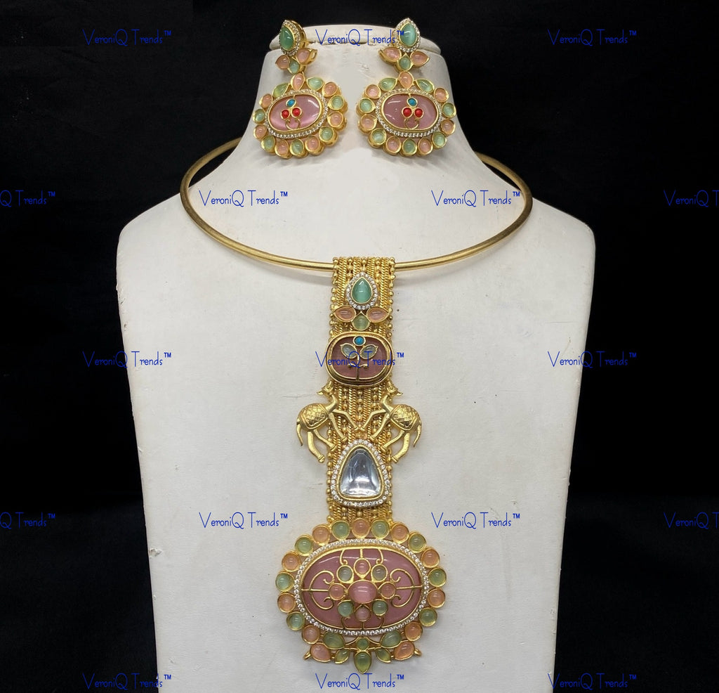 VeroniQ Trends-Traditional Gold Plated Animal Motif Meenakari Kundan Polki Hasli Necklace Kundan-Gold Plated-Wedding Jewellery-Punjabi Jewellery-South Indian-Thappa Jewellery
