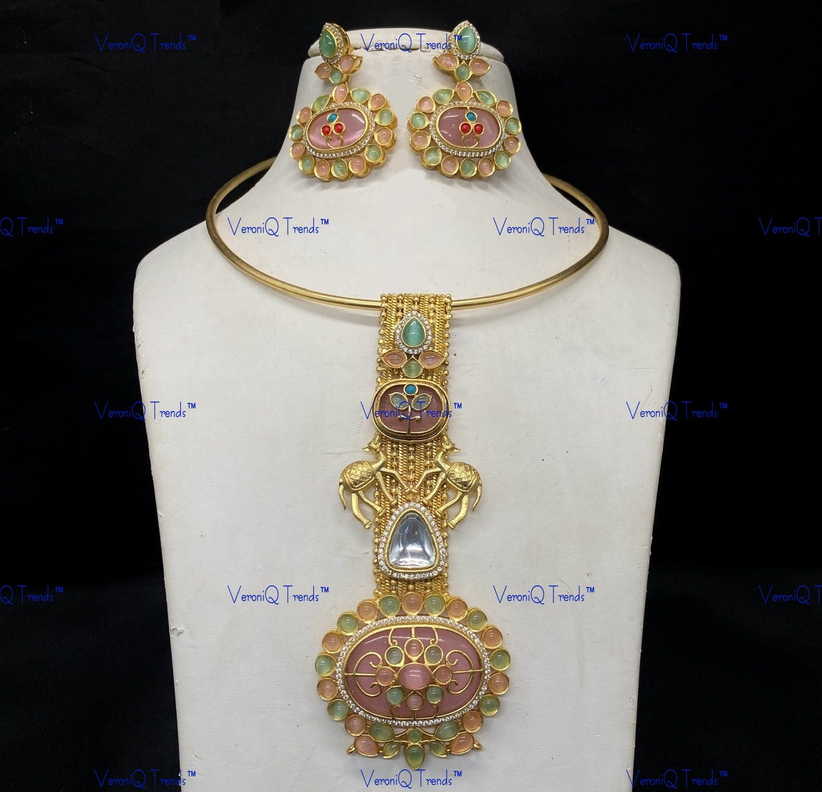 VeroniQ Trends-Traditional Gold Plated Animal Motif Meenakari Kundan Polki Hasli Necklace Kundan-Gold Plated-Wedding Jewellery-Punjabi Jewellery-South Indian-Thappa Jewellery