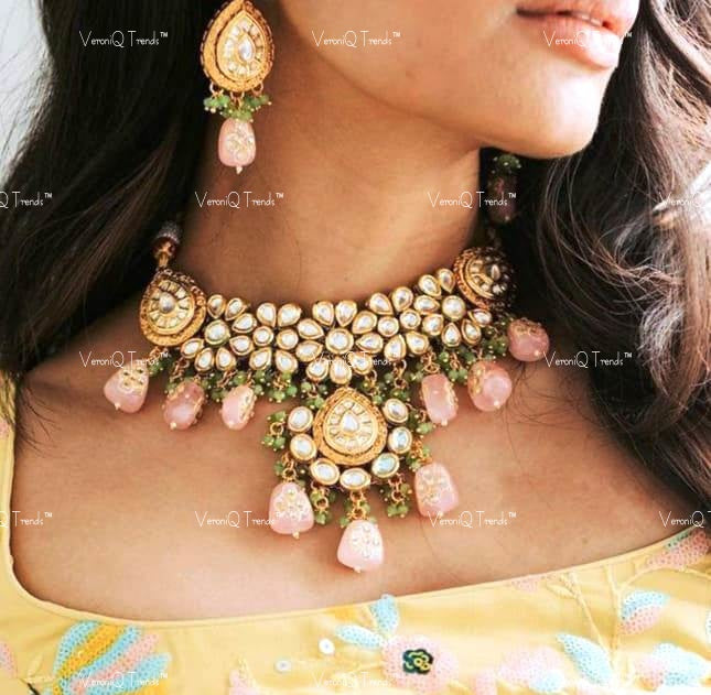 VeroniQ Trends-Beautiful Bridal Floral Gold Plated Heavy Kundan And Meenakari Necklace Kundan-Gold Plated-Wedding Jewellery-Punjabi Jewellery-South Indian-Thappa Jewellery
