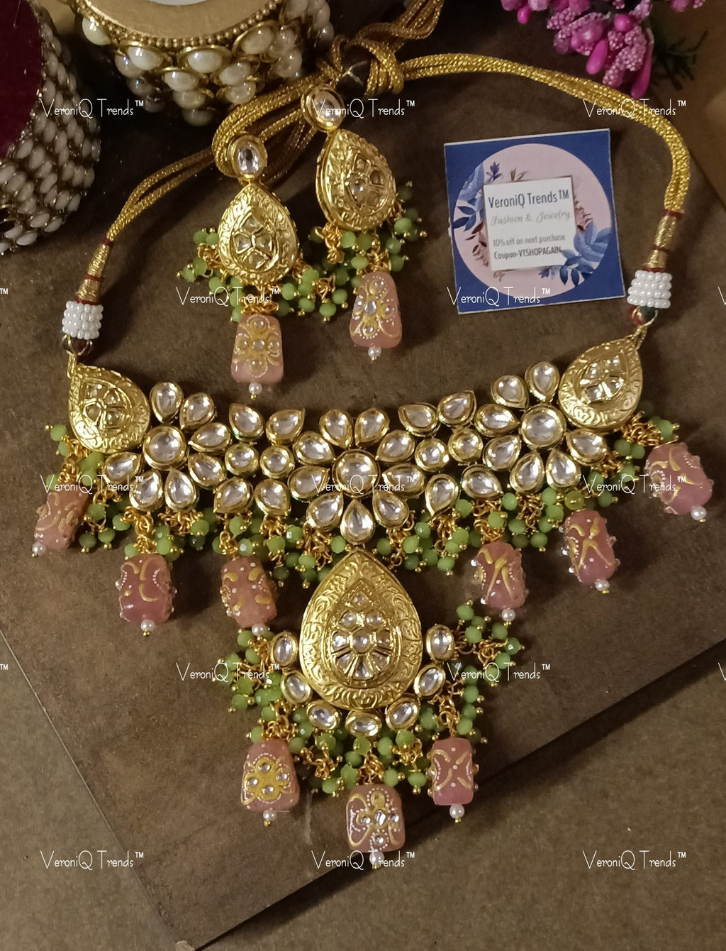 VeroniQ Trends-Beautiful Bridal Floral Gold Plated Heavy Kundan And Meenakari Necklace Kundan-Gold Plated-Wedding Jewellery-Punjabi Jewellery-South Indian-Thappa Jewellery