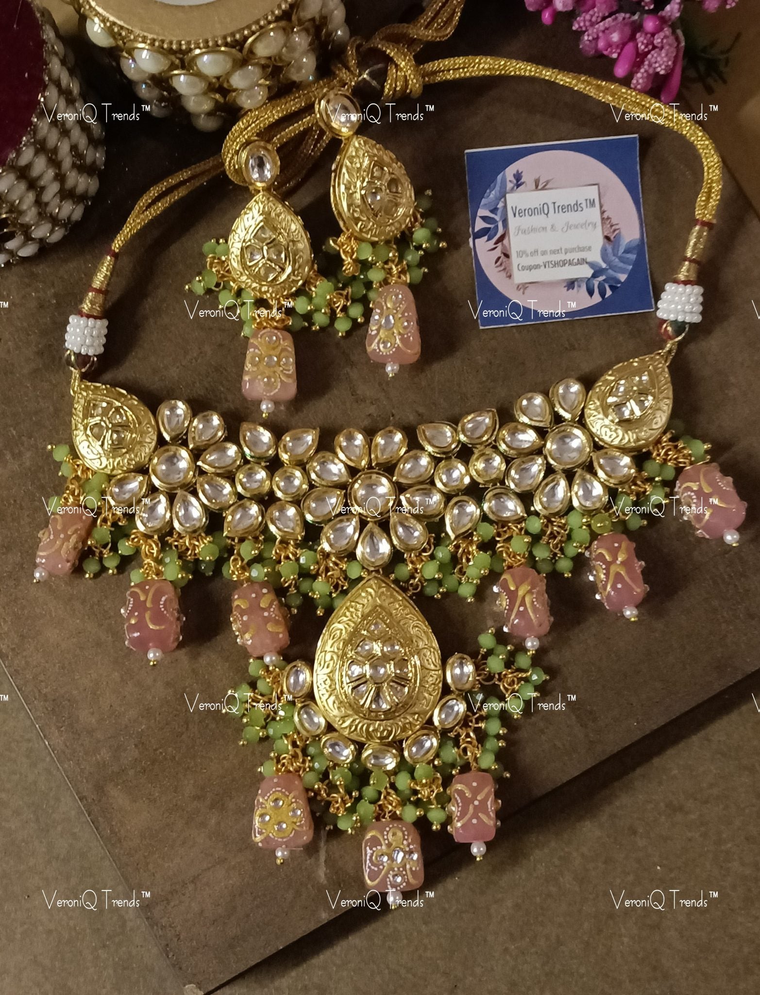VeroniQ Trends-Beautiful Bridal Floral Gold Plated Heavy Kundan And Meenakari Necklace Kundan-Gold Plated-Wedding Jewellery-Punjabi Jewellery-South Indian-Thappa Jewellery