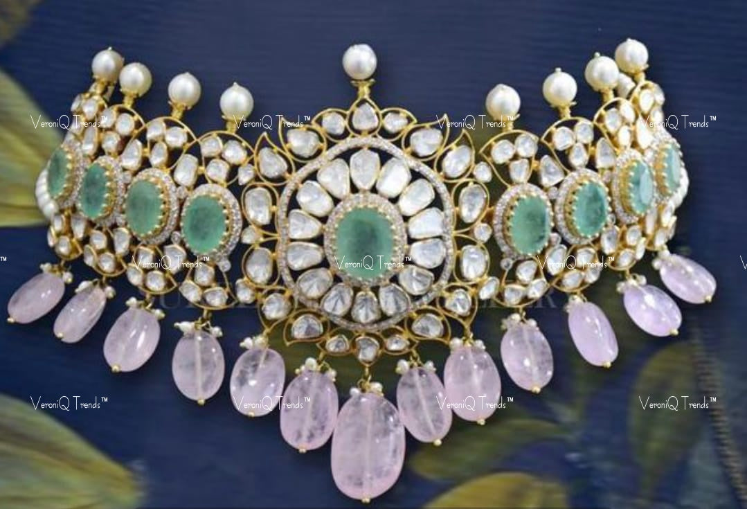 VeroniQ Trends-Royal Emerald Pearl And Polki Choker Silver Necklace 92.5 Silver Moissanite Diamond Polki-Gold Plated-Wedding Jewellery-Punjabi Jewellery-South Indian-Thappa Jewellery