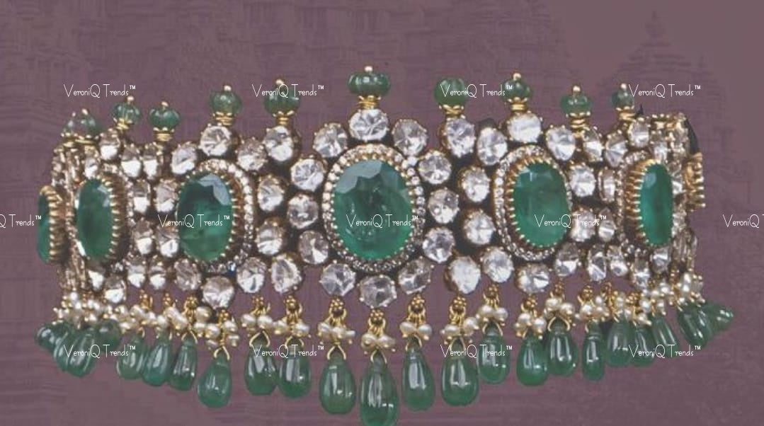 VeroniQ Trends-Victorian Emerald And Polki Choker Silver Necklace With Green Beads 92.5 Silver Moissanite Diamond Polki-Gold Plated-Wedding Jewellery-Punjabi Jewellery-South Indian-Thappa Jewellery