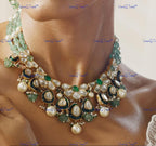 VeroniQ Trends-Floral Green Carved Pachi Kundan Necklace With Peral Pachi Kundan-Gold Plated-Wedding Jewelry-Punjabi Jewelry-South Indian-Thappa Jewelry