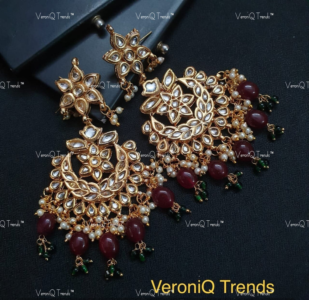 VeroniQ Trends-Designer Gold Plated Bikaneri Kundan Chandbali Earrings With Faux Gems Drops Bikaneri Kundan-Gold Plated-Wedding Jewellery-Punjabi Jewellery-South Indian-Thappa Jewellery
