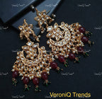 VeroniQ Trends-Designer Gold Plated Bikaneri Kundan Chandbali Earrings With Faux Gems Drops Bikaneri Kundan-Gold Plated-Wedding Jewelry-Punjabi Jewelry-South Indian-Thappa Jewelry