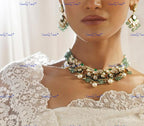 VeroniQ Trends-Floral Green Carved Pachi Kundan Necklace With Peral Pachi Kundan-Gold Plated-Wedding Jewelry-Punjabi Jewelry-South Indian-Thappa Jewelry