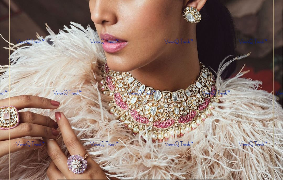 VeroniQ Trends-Elegant Look Ruby And Polki Choker Silver Necklace With Earrings And Rings 92.5 Silver Moissanite Diamond Polki-Ruby Stone-Gold Plated-Wedding Jewellery-Punjabi Jewellery-South Indian-Thappa Jewellery