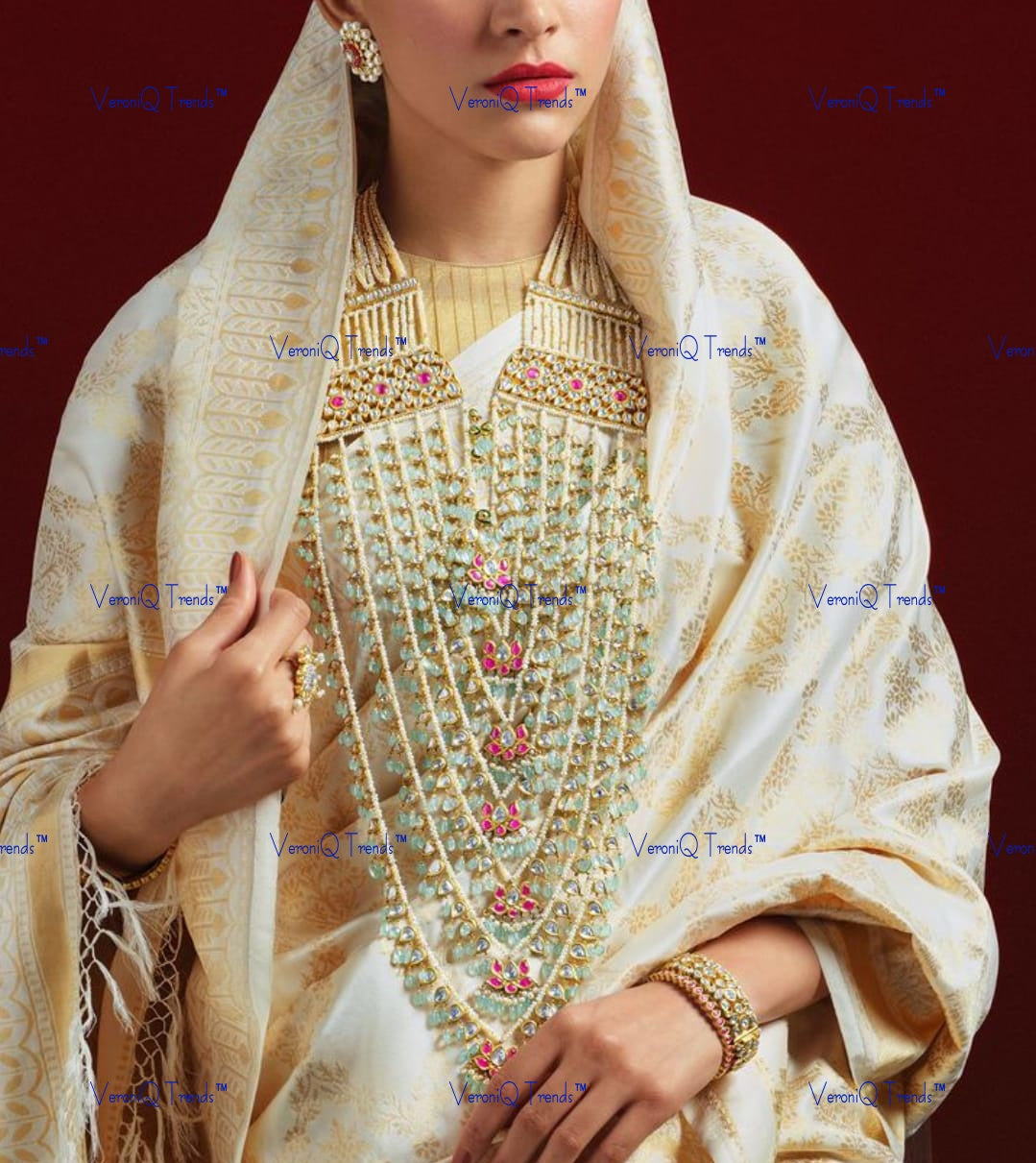 VeroniQ Trends-Traditional Bridal Sath Lada Green Beads Kemp Stone Pachi Kundan Gold Plated Pachi Kundan Long Necklace Kundan-Gold Plated-Wedding Jewellery-Punjabi Jewellery-South Indian-Thappa Jewellery
