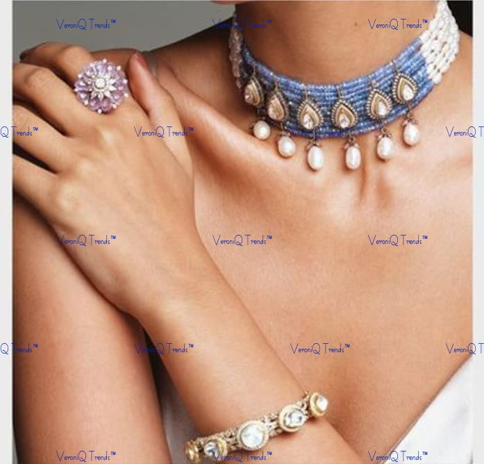VeroniQ Trends-Elegant Multistrand Blue Beaded With Pearl Polki Silver Choker Necklace 92.5 Silver Moissanite Diamond Polki-Gold Plated-Wedding Jewellery-Punjabi Jewellery-South Indian-Thappa Jewellery